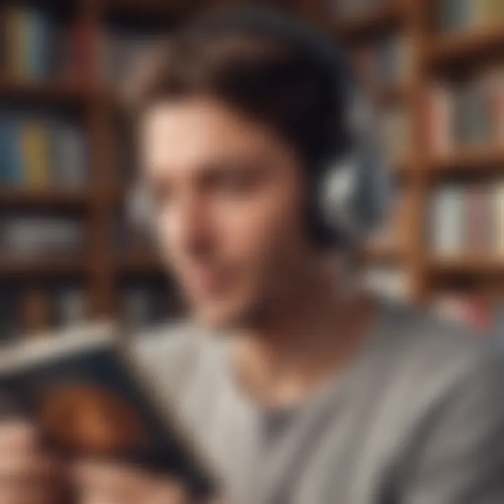 A person listening to an audiobook with headphones