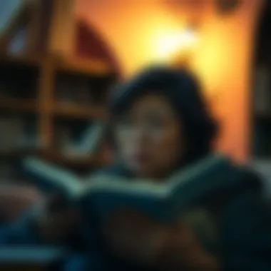 Connection Through Literature A thoughtful reader lost in a novel, illustrating the connection between literature and personal reflection