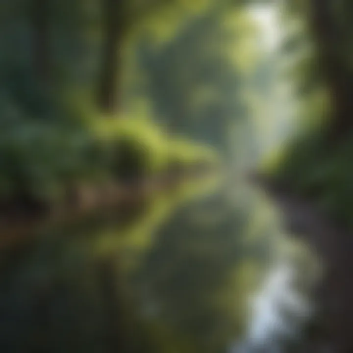 A tranquil stream reflecting the surrounding foliage, symbolizing calmness