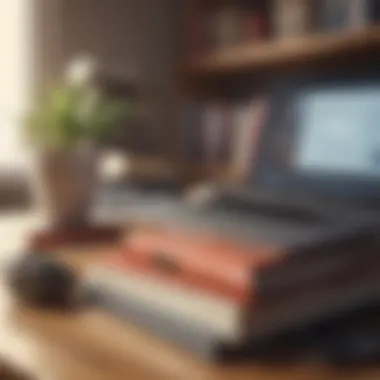 A stack of audiobooks and a laptop on a table