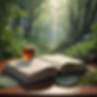 Mindfulness Through Literature A contemplative scene of an open book with tea, symbolizing mindfulness and reflection