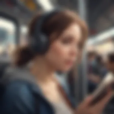 Person enjoying an audiobook while commuting