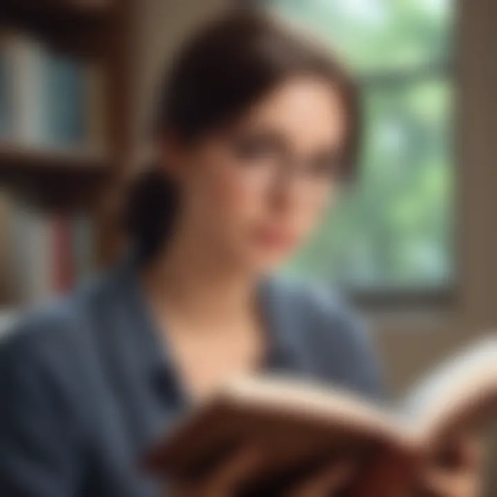 A person reading a book with a thoughtful expression