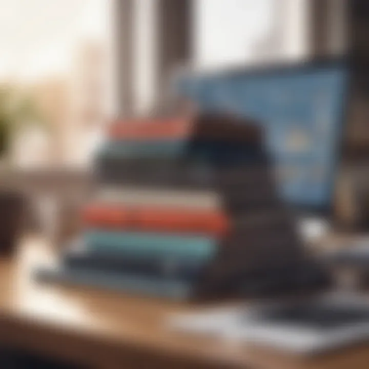 Books stacked on a desk with a laptop, symbolizing online business.