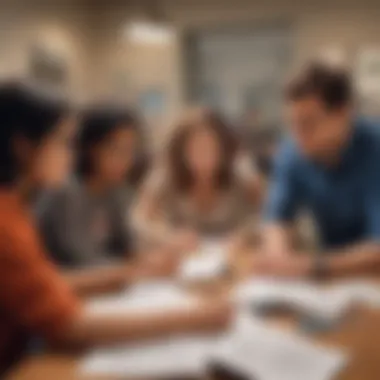 A diverse group engaged in a study session with crib notes