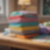 A stack of colorful crib sheets books on a table