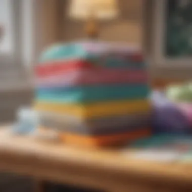 A stack of colorful crib sheets books on a table