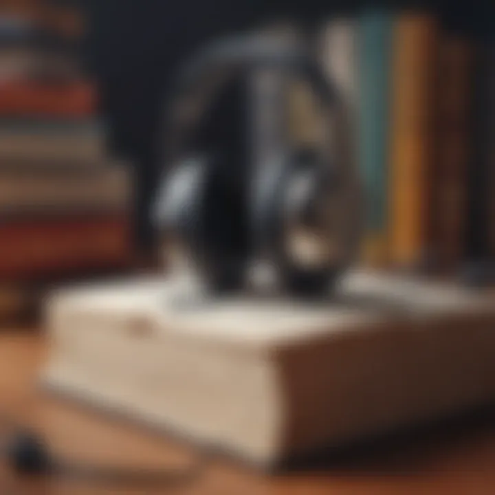 A stack of classic books with headphones