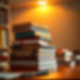 Books stacked on a desk with a light shining on them