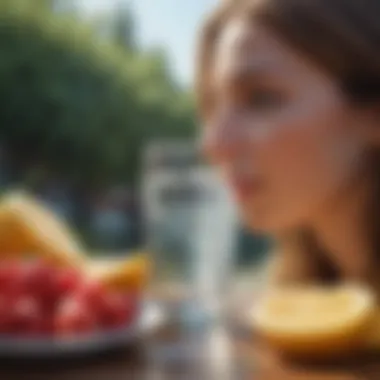 Hydration and Its Role in Brain Health A serene setting with a glass of water and healthy snacks emphasizing hydration and nutrition.