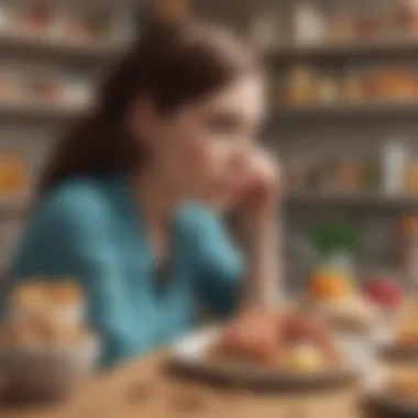 Reflecting on Dietary Choices for Brain Function A thoughtful individual surrounded by various food options, contemplating dietary choices.