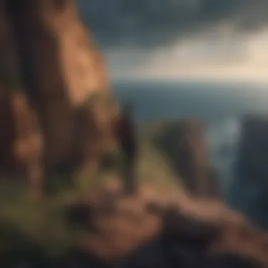 The Edge of Courage A solitary figure standing at the edge of a cliff, gazing into the horizon.