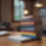 A stack of essential financial books on a wooden table