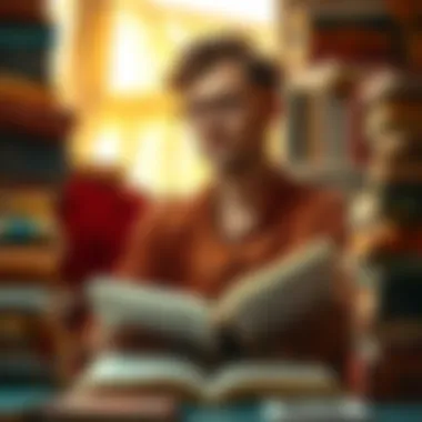 Engaging with Ideas: The Reader's Reflection A thoughtful individual surrounded by various books