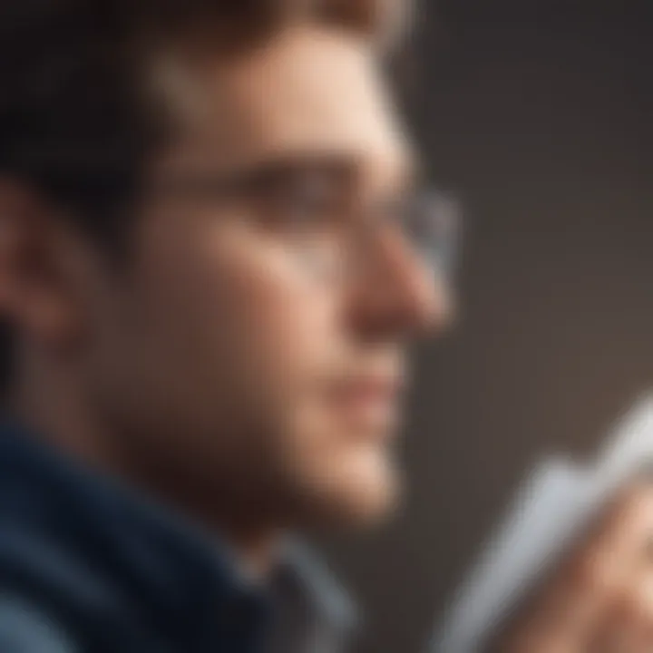 A close-up of a person reflecting while reading a quote on a screen.