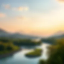 A tranquil landscape with a winding river and mountains in the distance