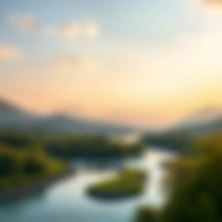 A tranquil landscape with a winding river and mountains in the distance
