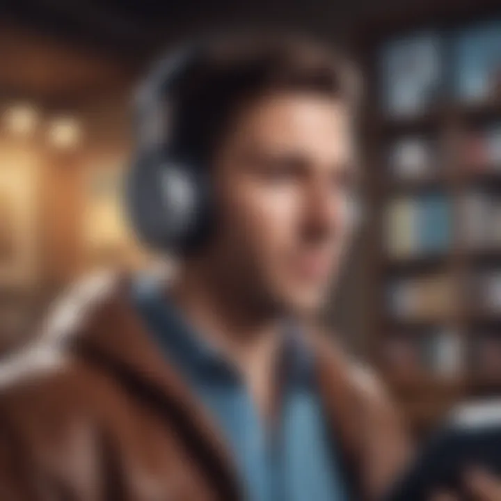 An individual immersed in an audiobook experience with headphones on