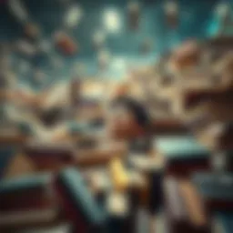 A person lost in a sea of books, depicting overwhelming choices.