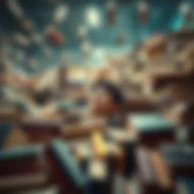 A person lost in a sea of books, depicting overwhelming choices.