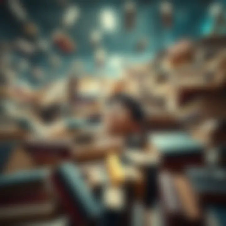 A person lost in a sea of books, depicting overwhelming choices.