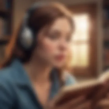 A person immersed in a story through an audiobook, eyes closed and focused.