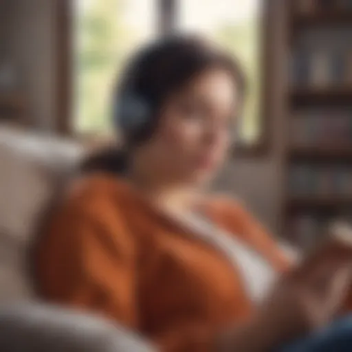 A person relaxing with headphones while enjoying an audiobook.