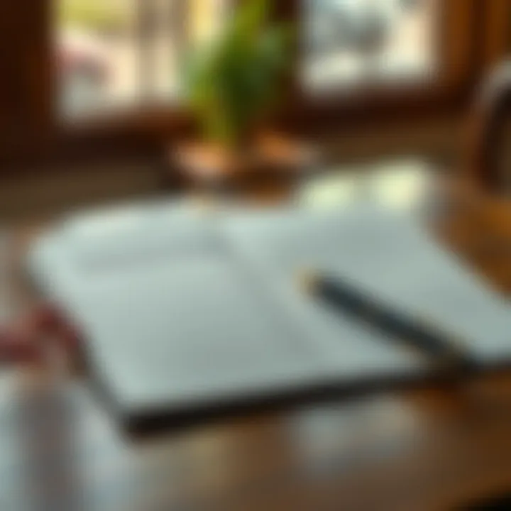 A journal with motivational quotes and a pen resting on a wooden table