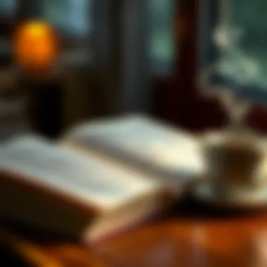 A close-up of an open book with a steaming cup of tea beside it