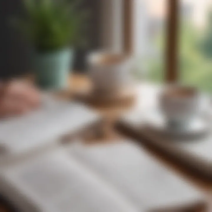 A person journaling with a cup of tea beside self-care books