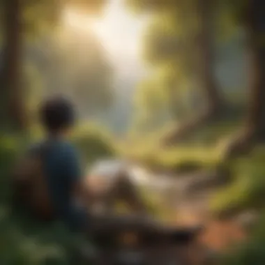 A serene landscape with a person listening to an audiobook