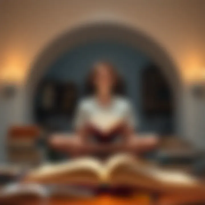 A person meditating with books around
