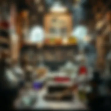A mystical laboratory filled with glassware and ancient tools