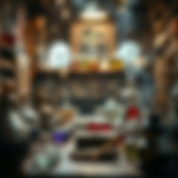 A mystical laboratory filled with glassware and ancient tools