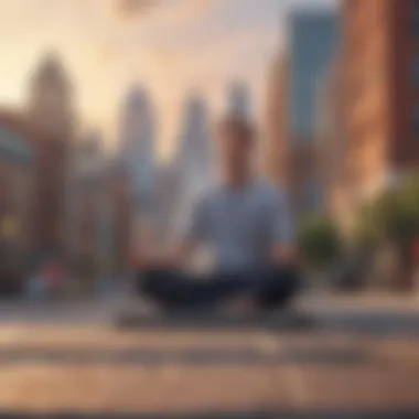 A person meditating with a focused expression amidst a city backdrop