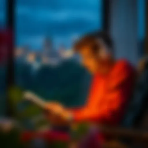 A serene setting with a person listening to an audiobook