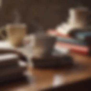 Books arranged by genre with a coffee cup