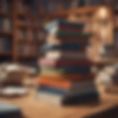 An array of influential books stacked on a wooden table