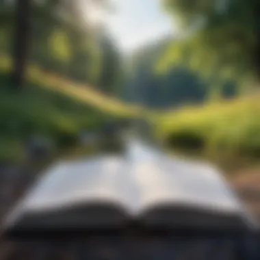 Reflective Reading in Nature An open book with a serene landscape in the background
