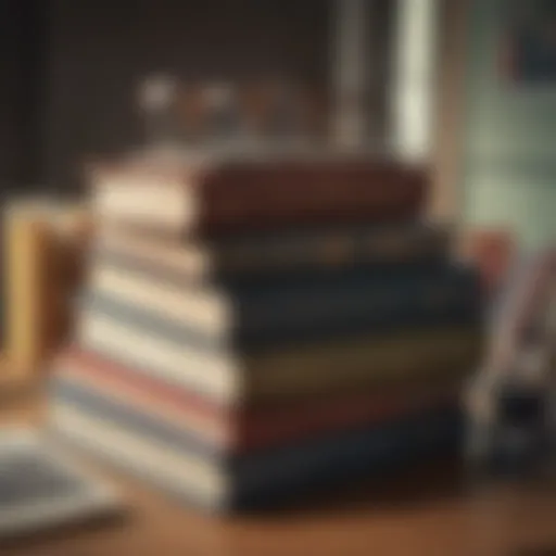 A stack of transformative books on a wooden table