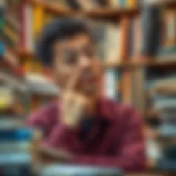 A thoughtful individual surrounded by an array of books, contemplating their next read.
