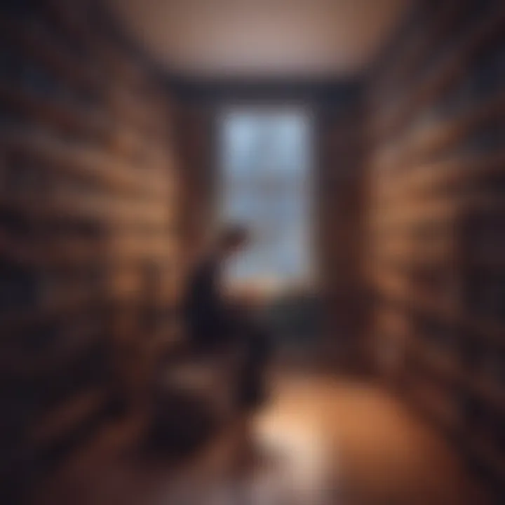 A person engrossed in a book surrounded by shelves