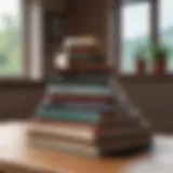 A stack of diverse books on a wooden table