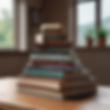 A stack of diverse books on a wooden table