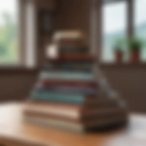 A stack of diverse books on a wooden table