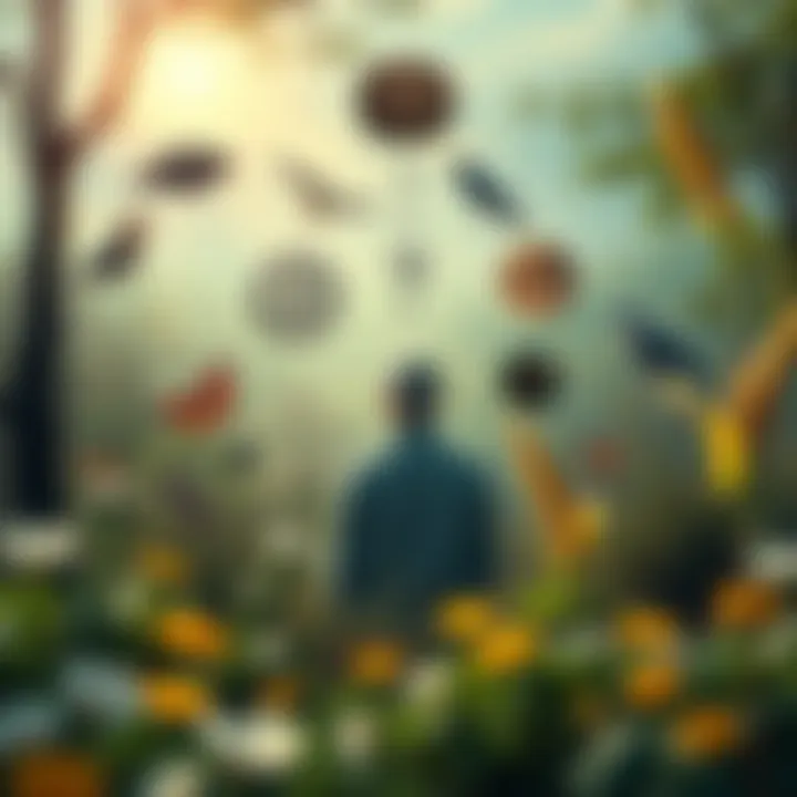 Philosophy in Nature A contemplative figure surrounded by nature and philosophical symbols