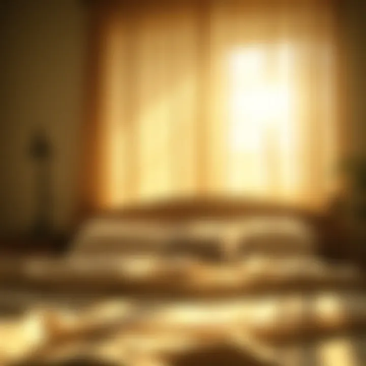 A serene morning scene with sunlight streaming onto a well-made bed