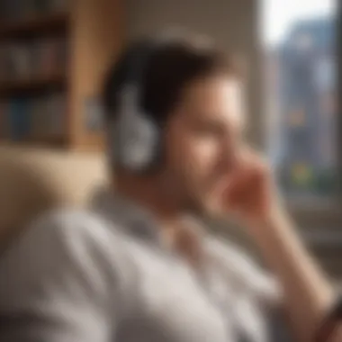 A serene scene of someone listening to an audiobook with headphones while relaxing