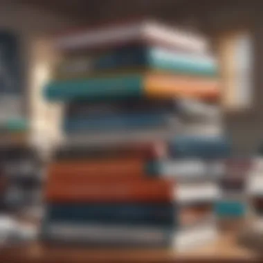 Diverse Business Literature A collection of diverse business books stacked on a desk