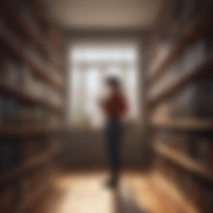 A thoughtful individual selecting books from a shelf